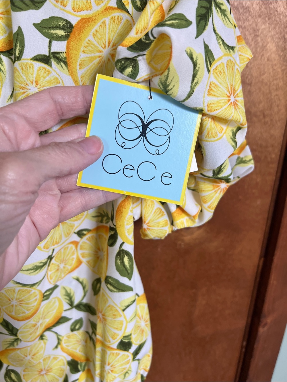 CeCe White Lemon-Print Off-Shoulder Tie-Hem Blouse - Picture 2 of 2